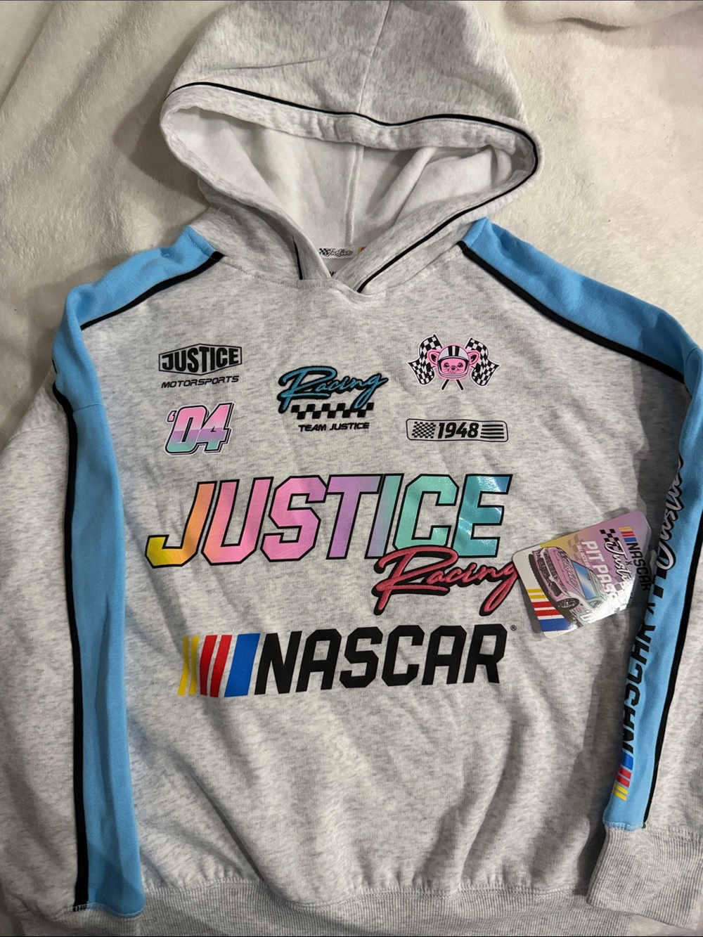 2x Justice Gray Hoodie with Pastel Rainbow Racing Logo  size 7/8 small